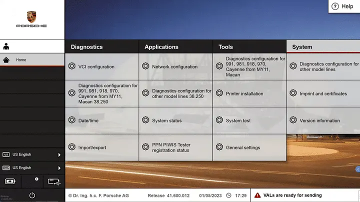 Porsche Piwis 3 software - интерфейс вкладки систем