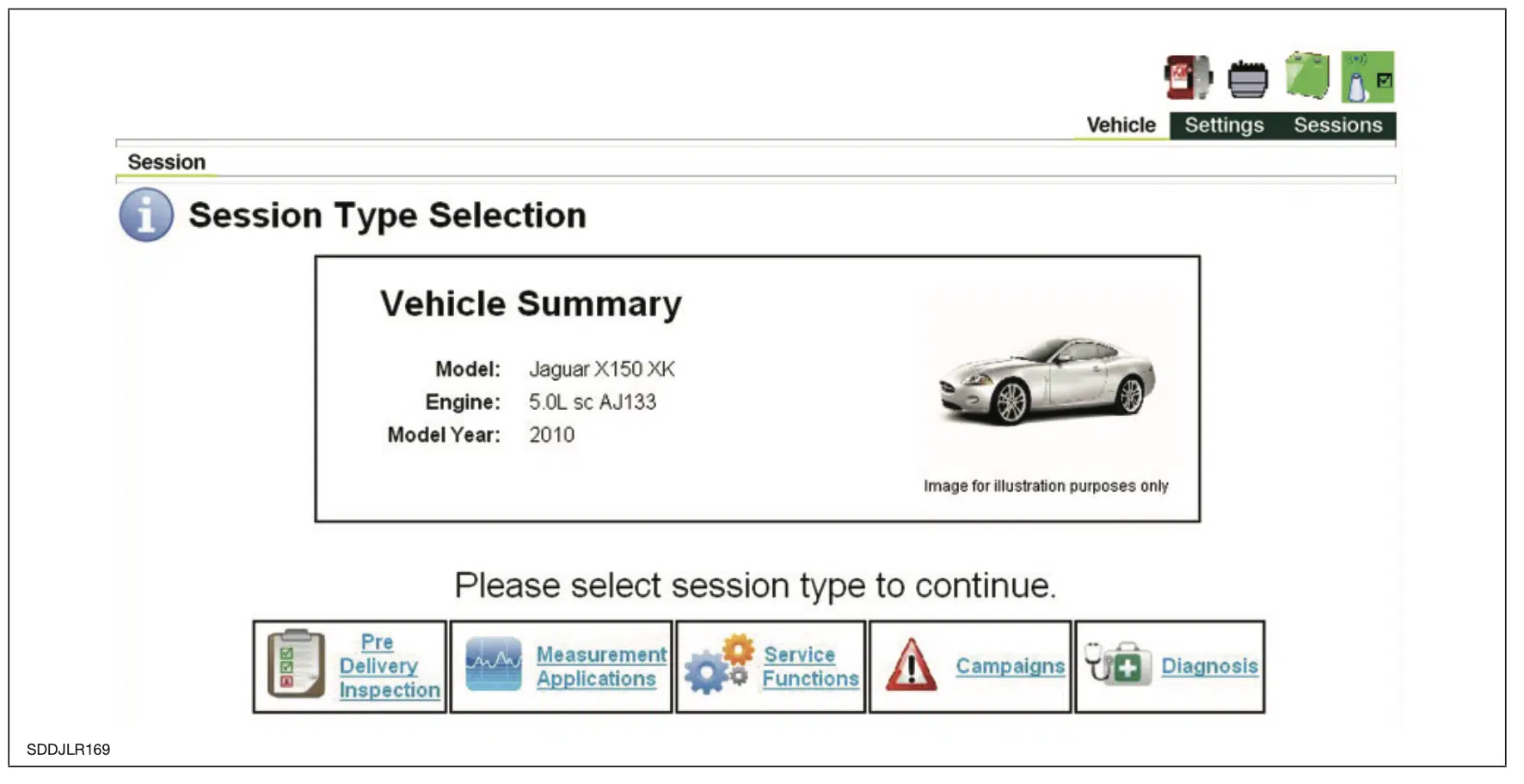 Captura de pantalla de la sesión de JLR SDD Software para el Jaguar X150