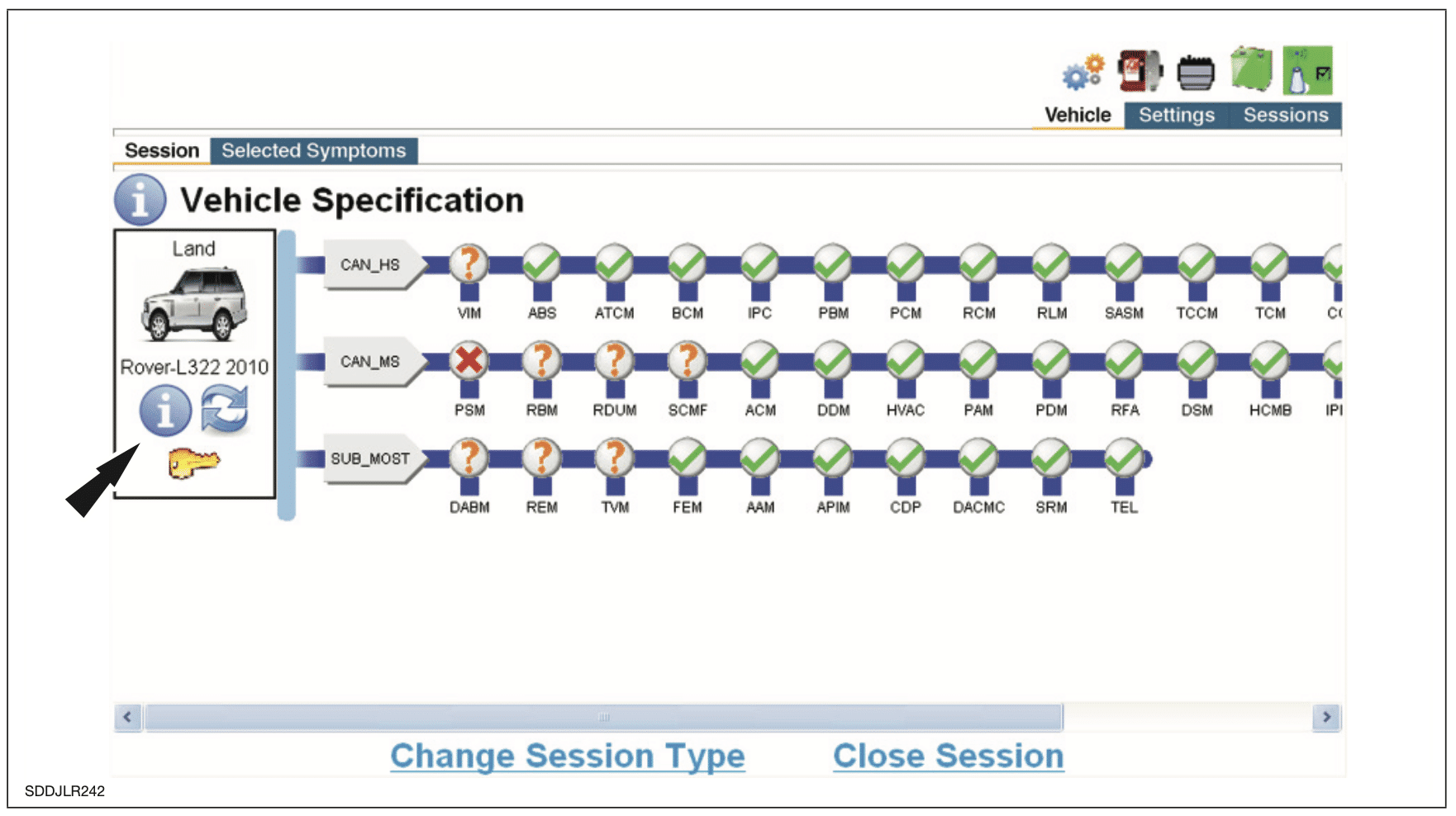 JLR SDD Software session screenshot for vehicle symptoms 