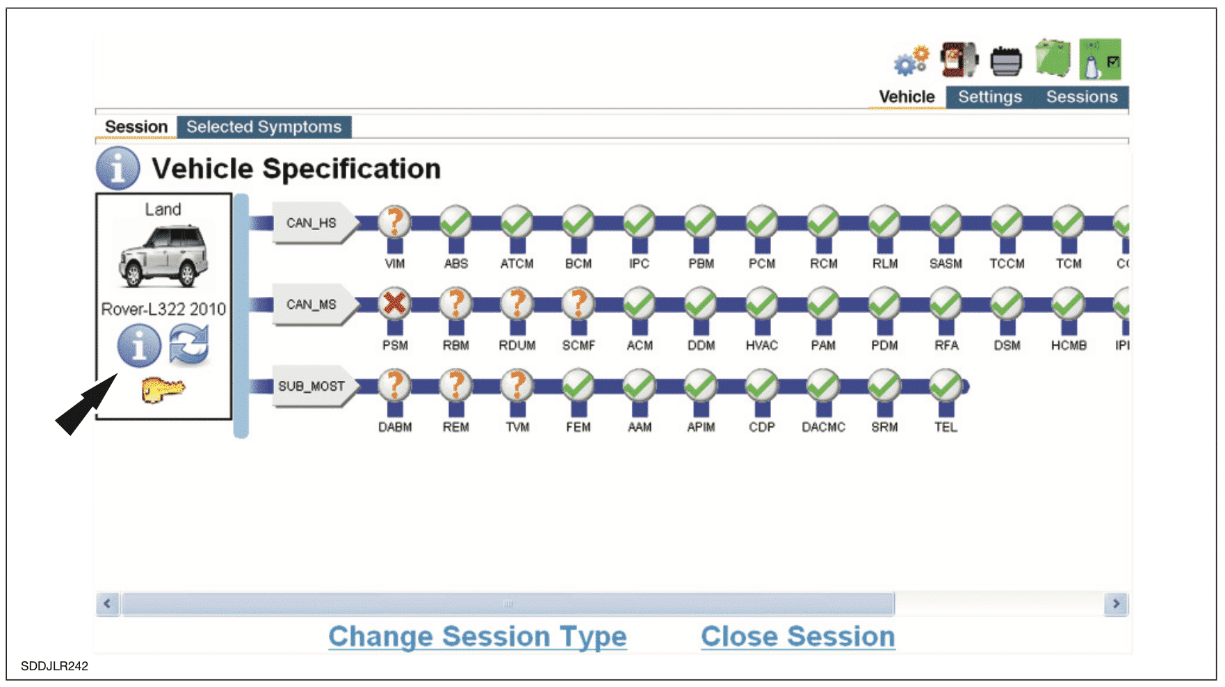 Capture d'écran de la session du logiciel JLR SDD pour les symptômes du véhicule  