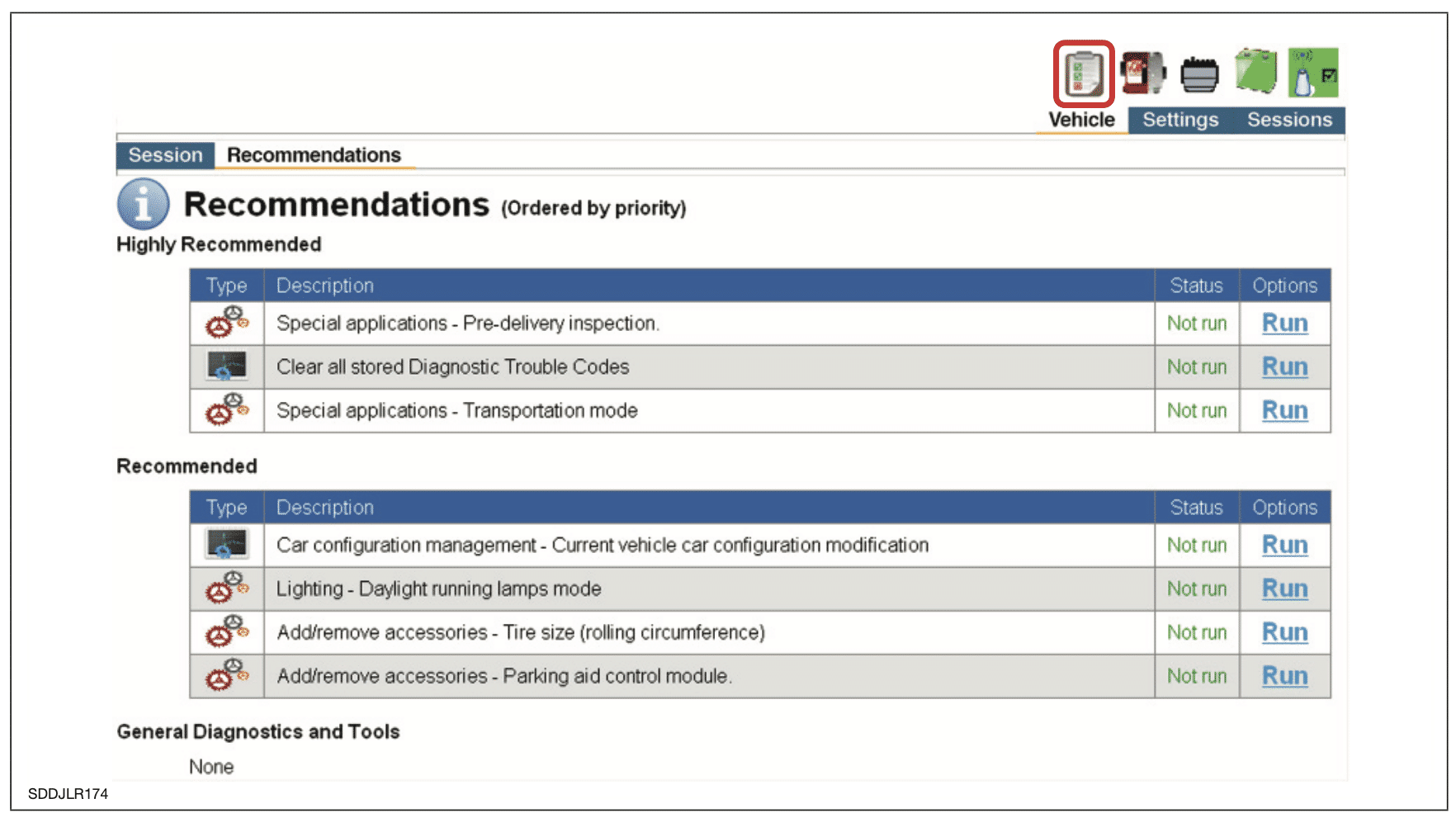 لقطة شاشة لجلسة برنامج JLR SDD للإجراءات الموصى بها بعد الإبلاغ عن أعراض السيارة