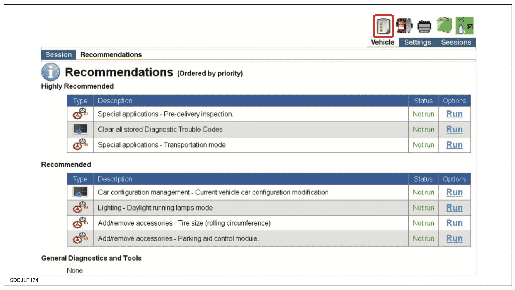 Jaguar Land Rover SDD Software session screenshot for recommended actions after vehicle symptoms report