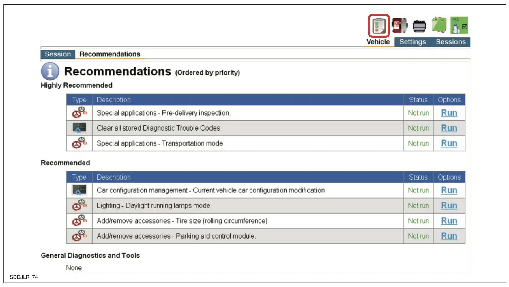 Captura de pantalla de la sesión del software SDD de JLR para las acciones recomendadas tras el informe de síntomas del vehículo.
