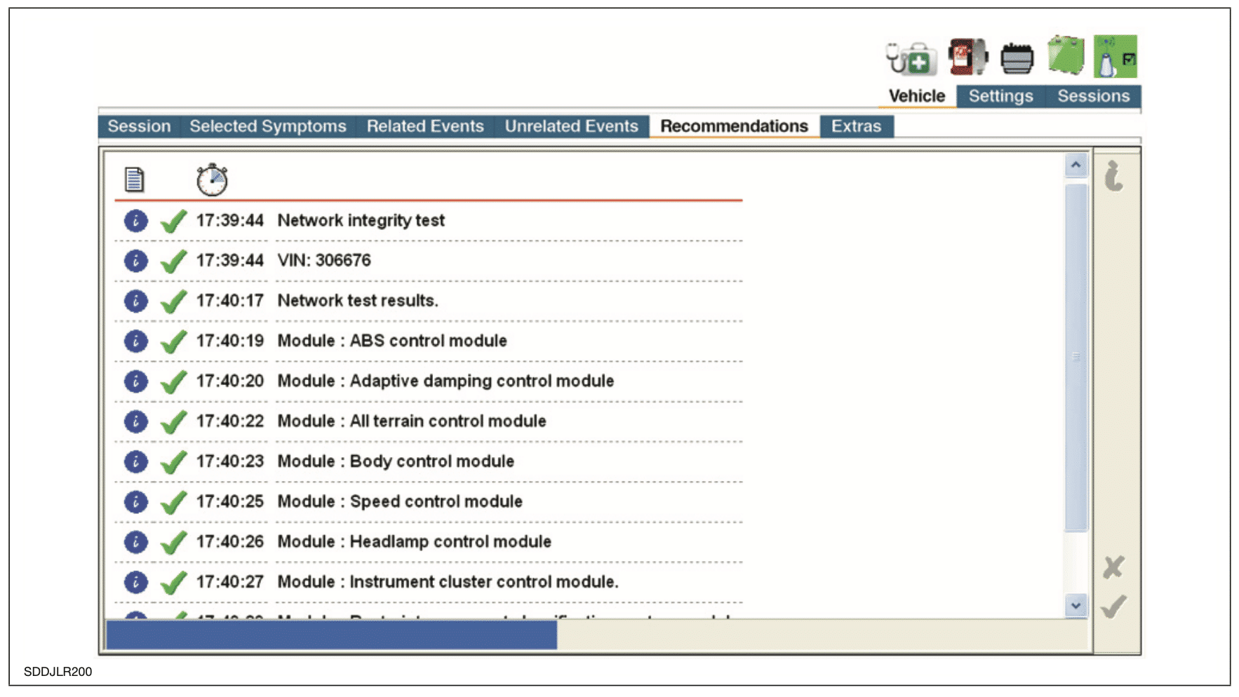 لقطة شاشة جلسة برنامج JLR SDD لقائمة مراجعة الإجراءات الموصى بها بعد تقرير أعراض السيارة