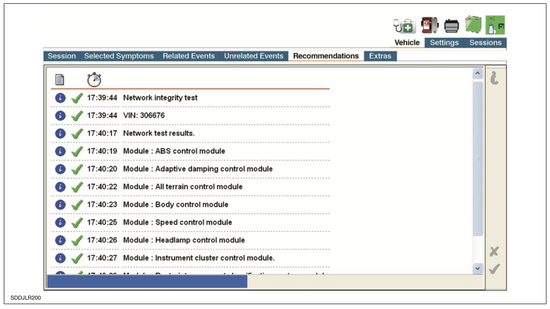 Screenshot der JLR SDD-Software-Sitzung für die Checkliste der empfohlenen Maßnahmen nach der Meldung von Fahrzeugsymptomen