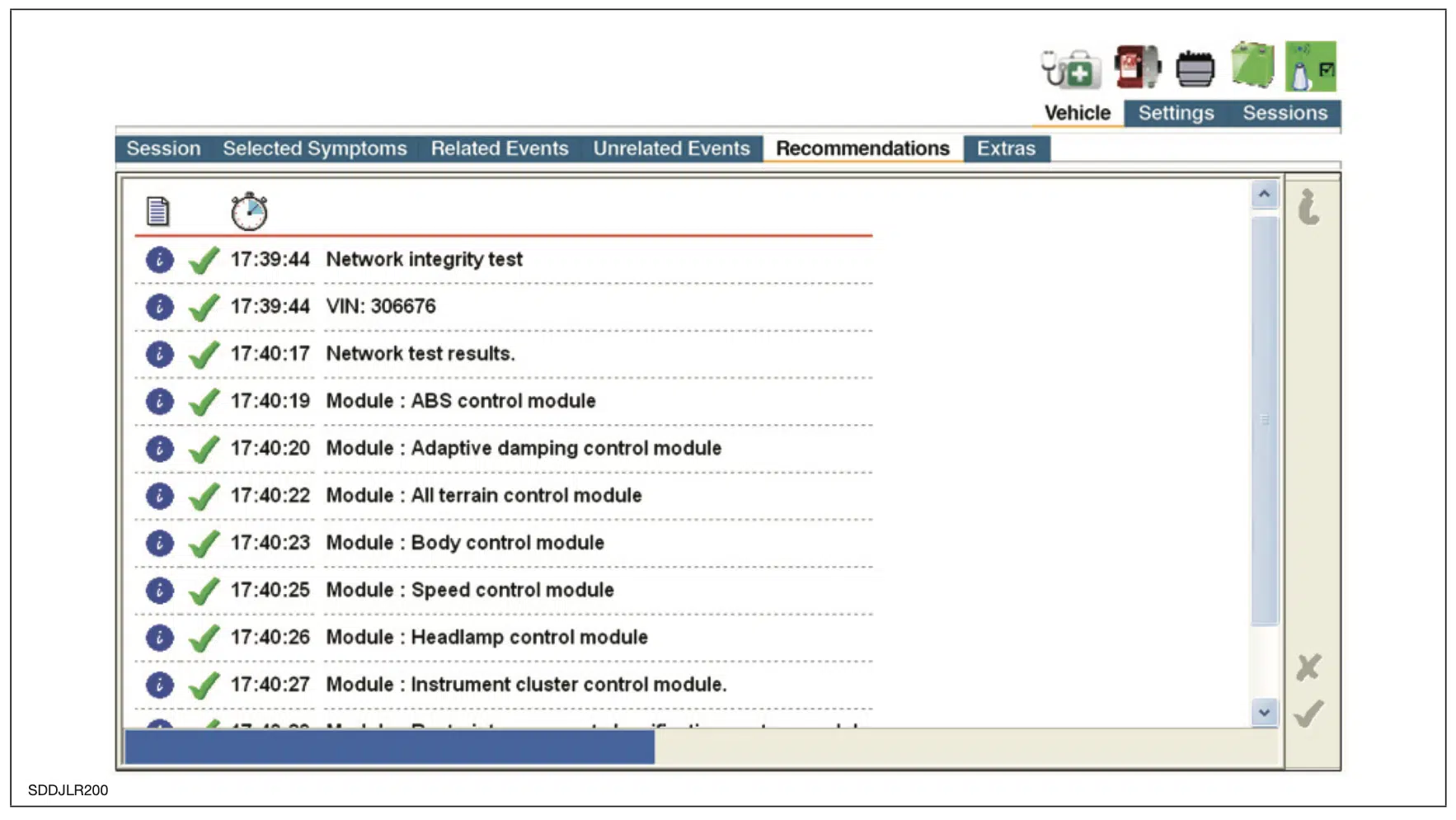 Captura de pantalla de la sesión del software SDD de JLR para la lista de comprobación de acciones recomendadas tras el informe de síntomas del vehículo.