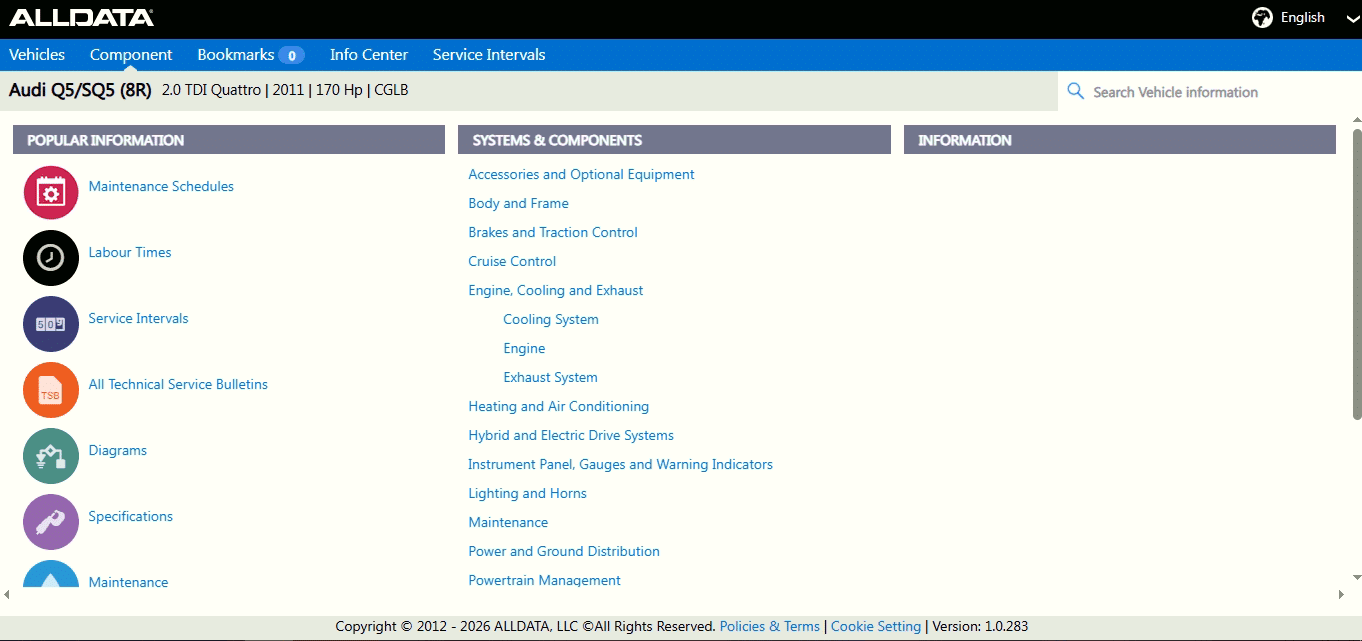 Alldata Europe Subscription - vehicle details screen