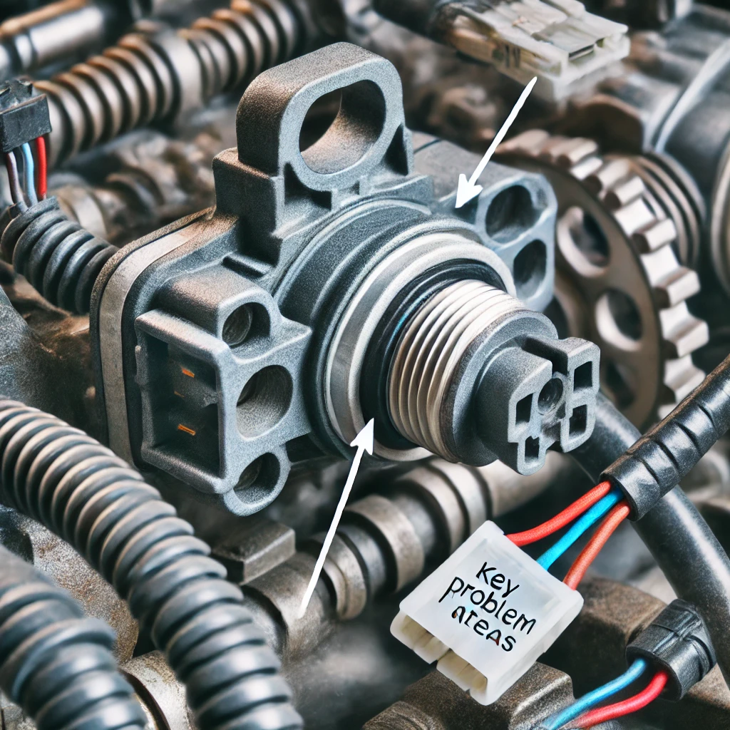 A close-up photo illustration showing a camshaft position sensor and its electrical connector. The image should highlight potential issues such as cor