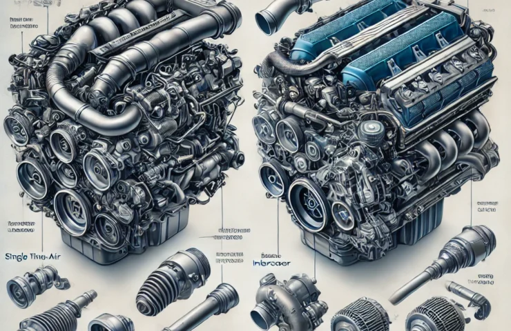 A detailed comparison illustration of the BMW N55 and B58 engines. The image should showcase a side-by-side technical breakdown of both engines, highl