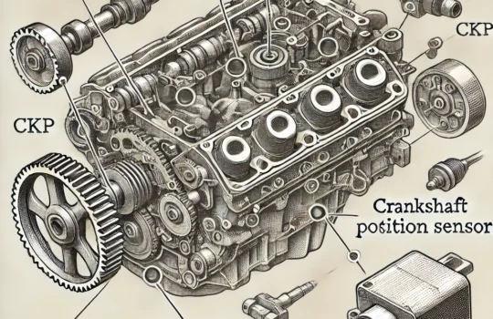 A detailed exploded-view diagram of a car engine highlighting the location of the crankshaft position sensor (CKP)