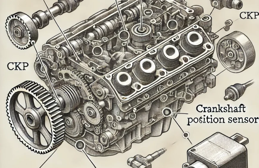 A detailed exploded-view diagram of a car engine highlighting the location of the crankshaft position sensor (CKP)