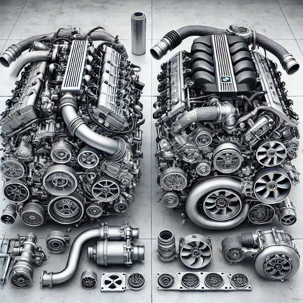 A highly detailed and realistic illustration of the BMW N55 and B58 engines side-by-side. The illustration should depict technical details of each eng