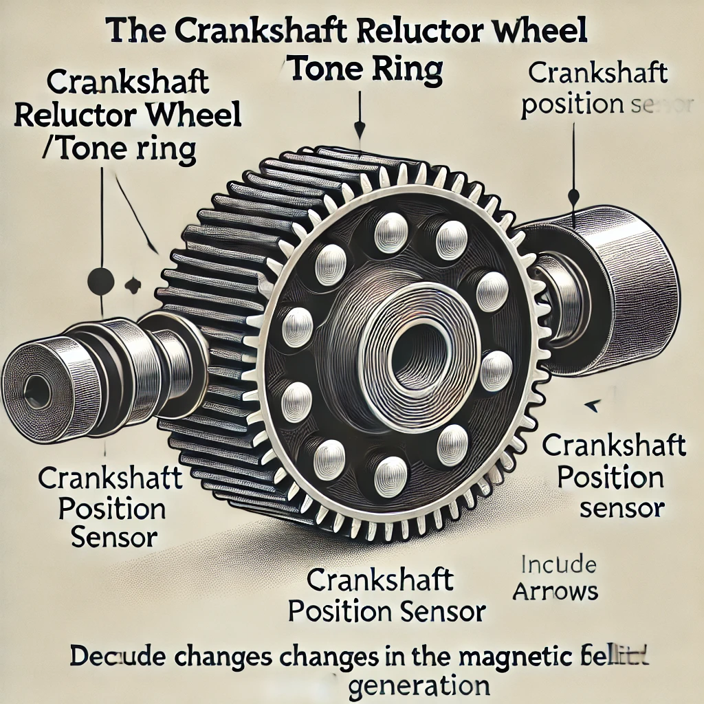 A labeled diagram illustrating the crankshaft reluctor wheel (tone ring) and how it aligns with the crankshaft position sensor. The image should show