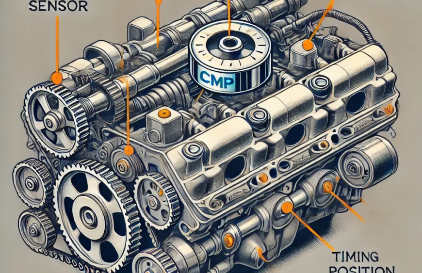 A labeled diagram of a car engine highlighting the location of the camshaft position sensor (CMP). The diagram should clearly show key engine componen