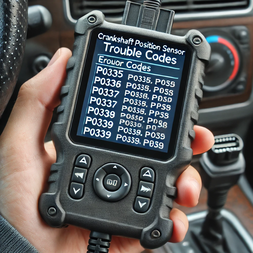 A photo of an OBD-II scanner displaying crankshaft position sensor-related trouble codes. The screen should show error codes such as P0335, P0336, P03