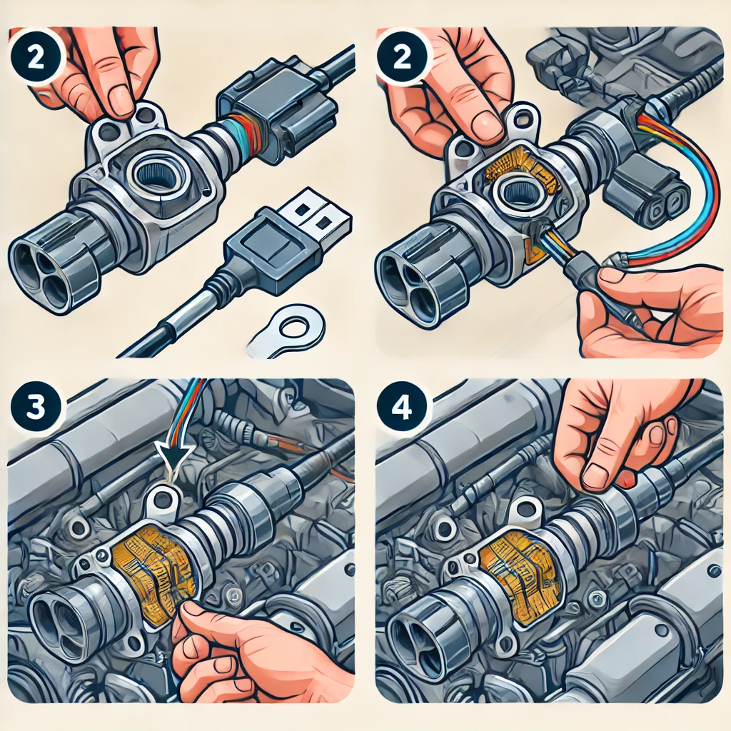 A step-by-step instructional illustration showing how to replace a camshaft position sensor. The first step should show locating the sensor in the eng