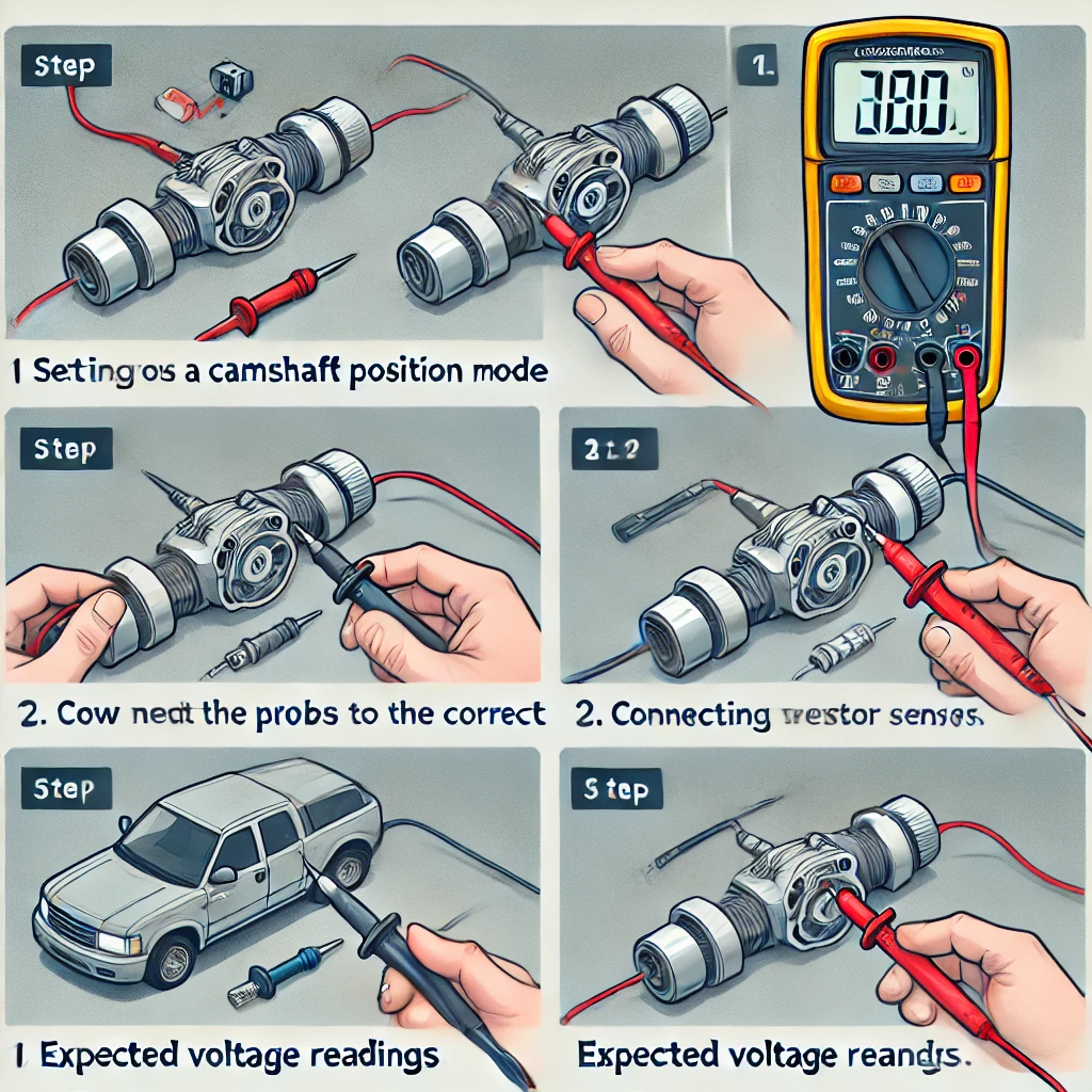 A step-by-step instructional illustration showing how to test a camshaft position sensor using a multimeter. The first step should show setting the mu