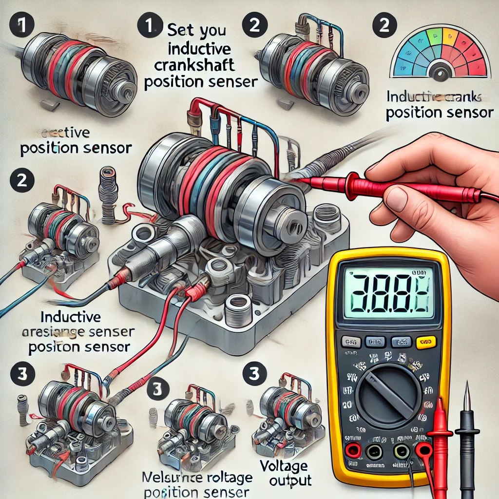 A step-by-step photo illustration showing how to test an inductive crankshaft position sensor using a multimeter. The first step should show setting t