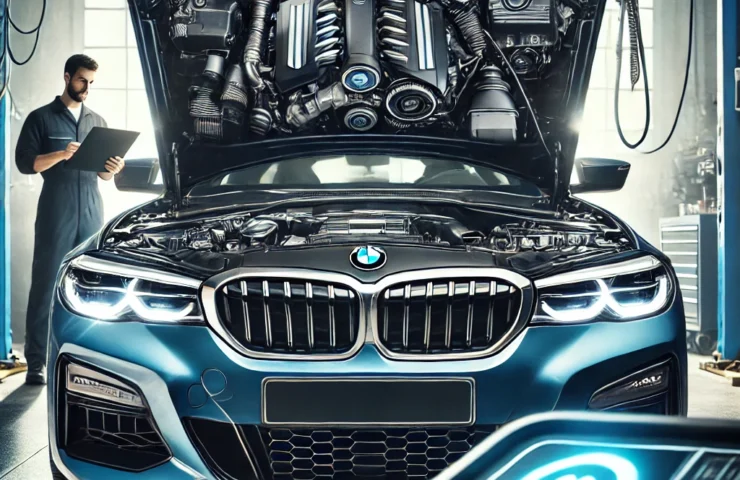 A visually striking scene of a BMW F30 car with the hood open, showcasing a detailed engine bay. In the background, a mechanic is holding a diagnostic