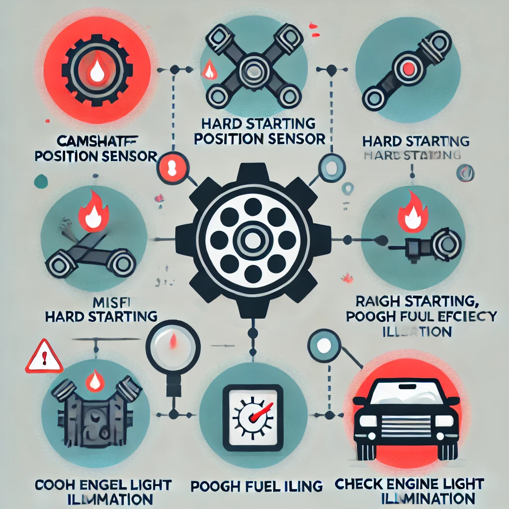 An infographic displaying the common symptoms of a faulty camshaft position sensor. The infographic should include labeled icons representing symptoms