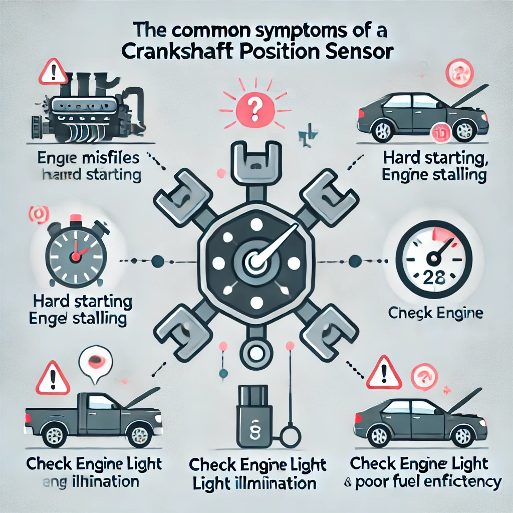 An infographic illustrating the common symptoms of a failing crankshaft position sensor. The infographic should include labeled icons for symptoms