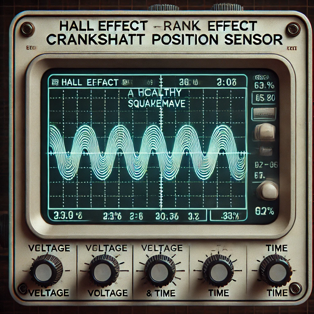 An oscilloscope screenshot showing a good waveform signal for a Hall Effect crankshaft position sensor. The image should display a clean square wave p