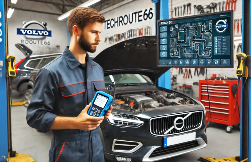 DALL·E 2025-02-19 14.54.52 – A mechanic using an OBD II scanner on a Volvo vehicle in a professional auto repair shop setting with a visible sign or workshop name ‘Techroute66’ di