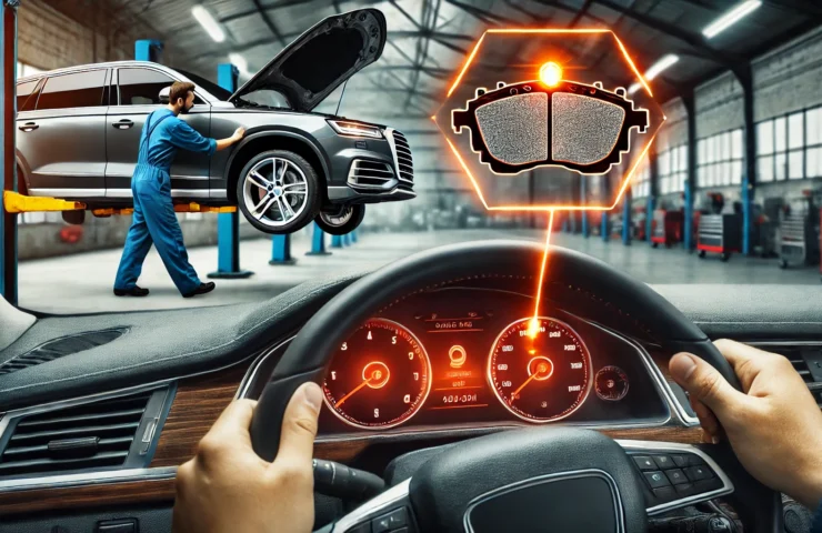 A modern car dashboard showing a brake pad warning light illuminated, with a mechanic inspecting the brake pads of a vehicle in a professional auto re