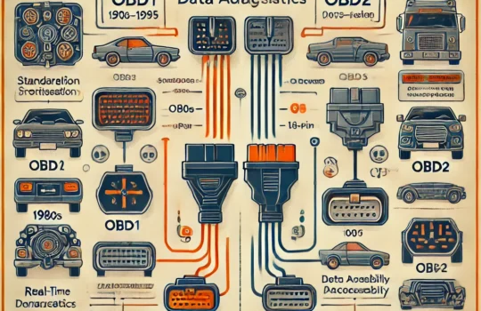 A detailed diagram illustrating the differences between OBD1 and OBD2 diagnostic systems in vehicles.