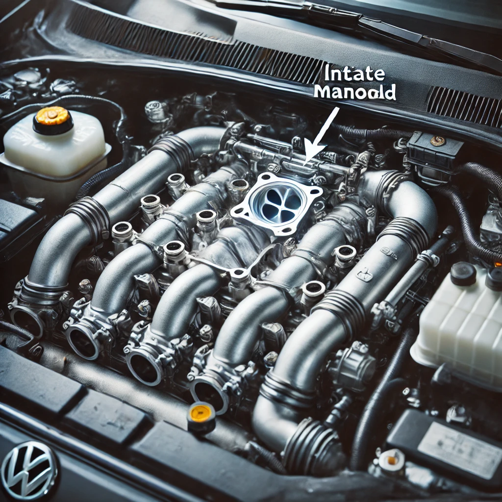 A labeled image of a Volkswagen or Audi engine bay, highlighting the intake manifold location with a clear indicator