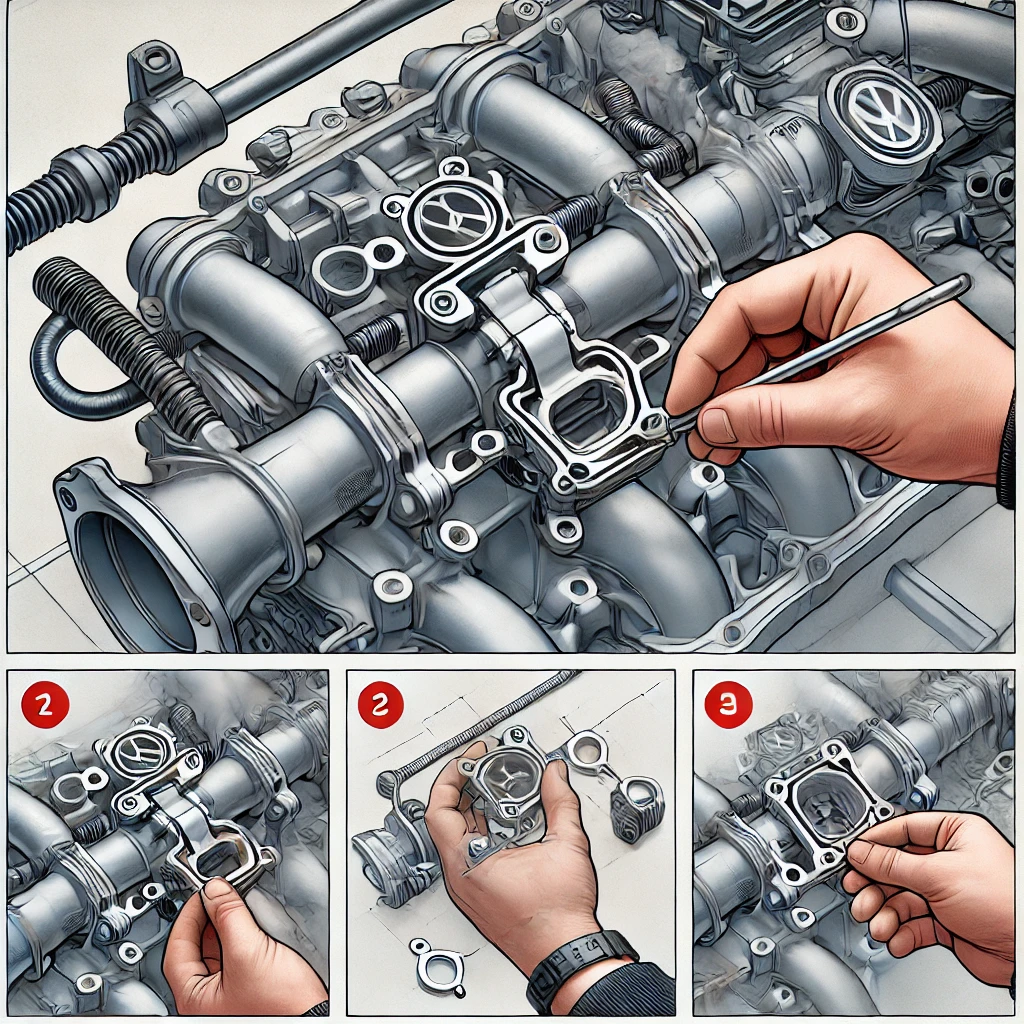 A step-by-step visual guide showing the installation of a P2015 repair bracket on a Volkswagen or Audi intake manifold. The image should include close