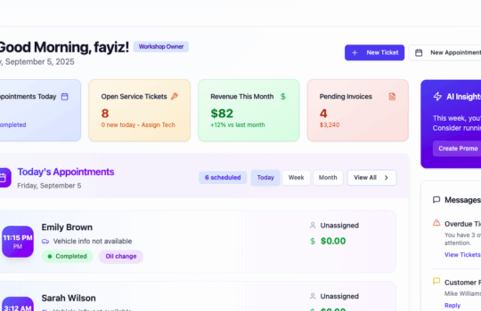 Auto repair management software dashboard for modern shops (Garage360)